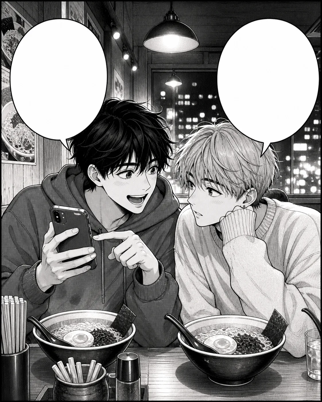 Two friends talking in a ramen shop manga scene