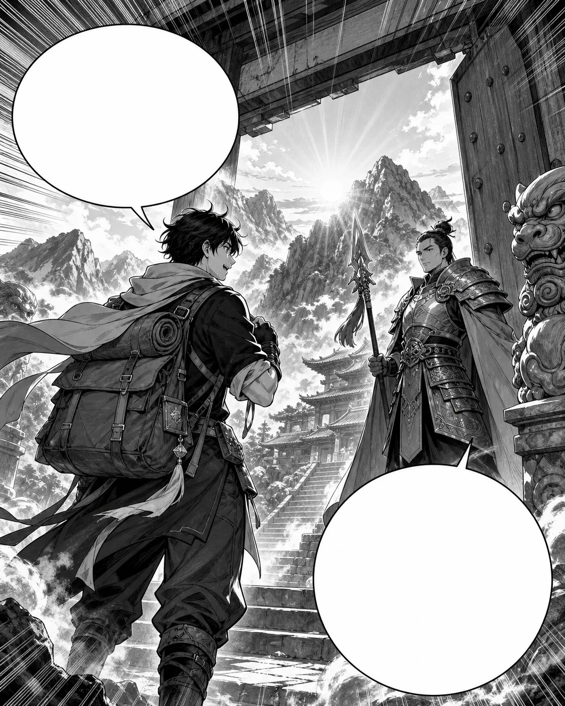 Fantasy courier meeting a temple guardian manga scene