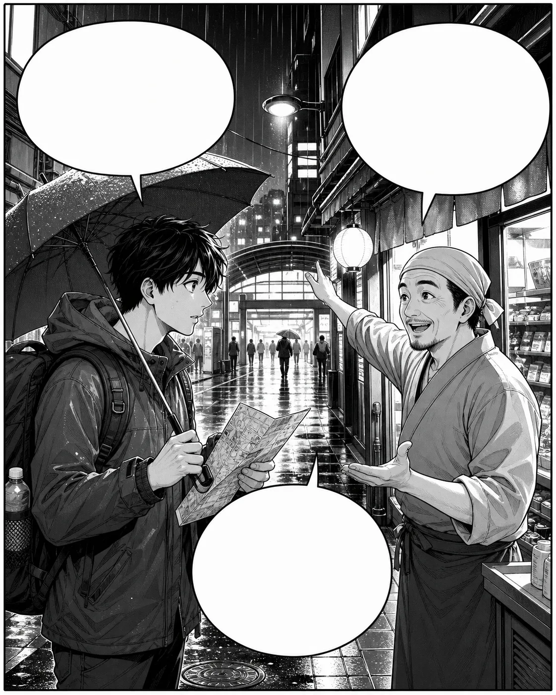 Original manga scene with three speech bubbles